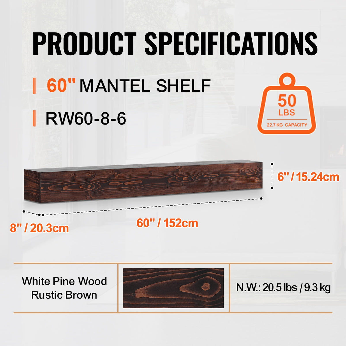 KFFKFF Wooden Fireplace Mantel, 60" x 8" x 6", 50 lbs Load Capacity, Natural Wood Shelf for Fireplace or Wall, Wall-Mounted Floating Farmhouse Design, Handcrafted Rustic Brown Mantel for Home Decor
