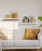 Sumgar Rattan Wall Shelf 16inch Set of 2, Handmade White Floating Shelves Boho Wall Decor, Rustic Wood Cute Wall Mounted Storage Shelves for Living Room Nursery Bedroom