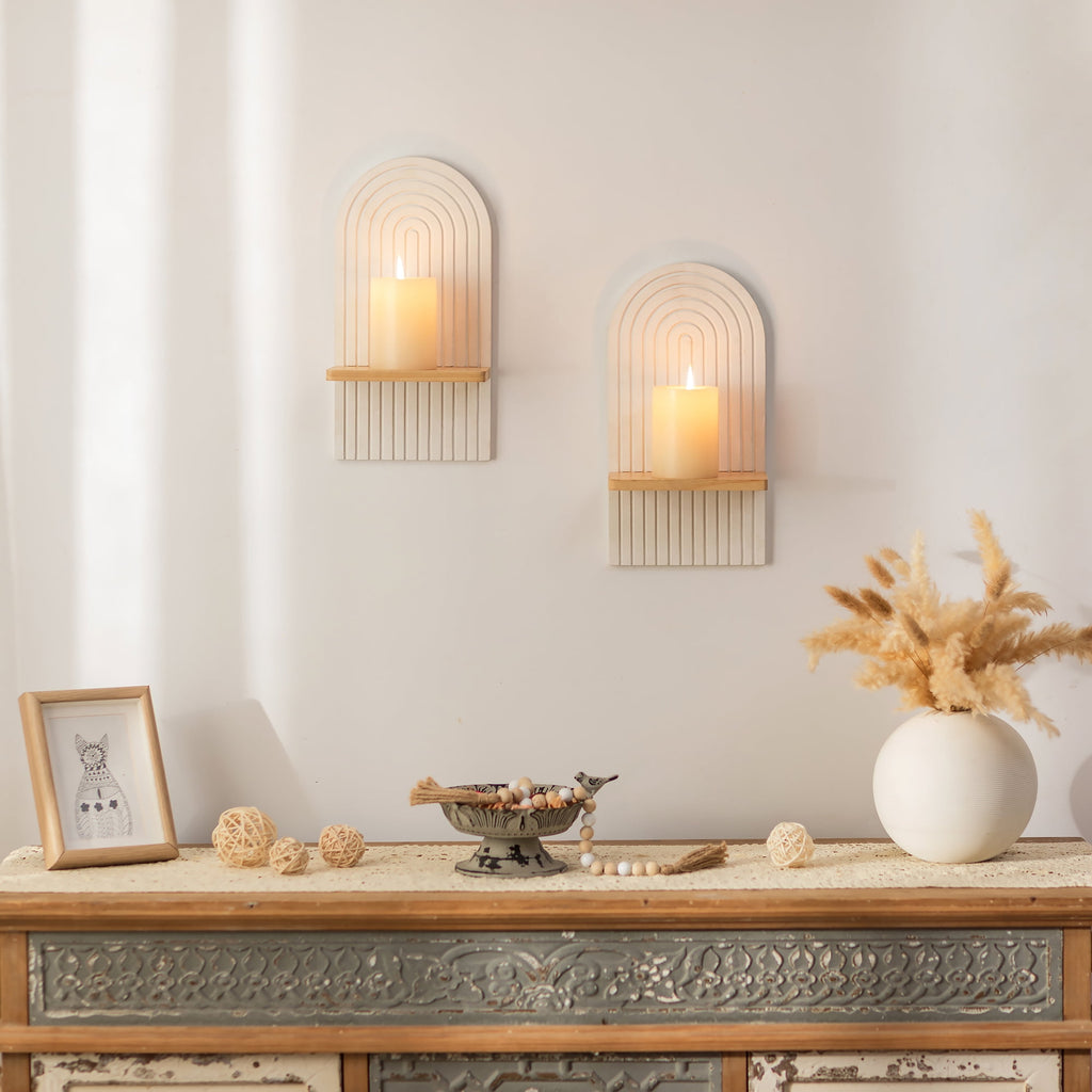 Sziqiqi Boho Wall Candle Holders Set of 2: White Wood Floating Shelves with Rainbow Arch Design Hanging Shelves for Tea Lights, Plants, Books Farmhouse Home Decor