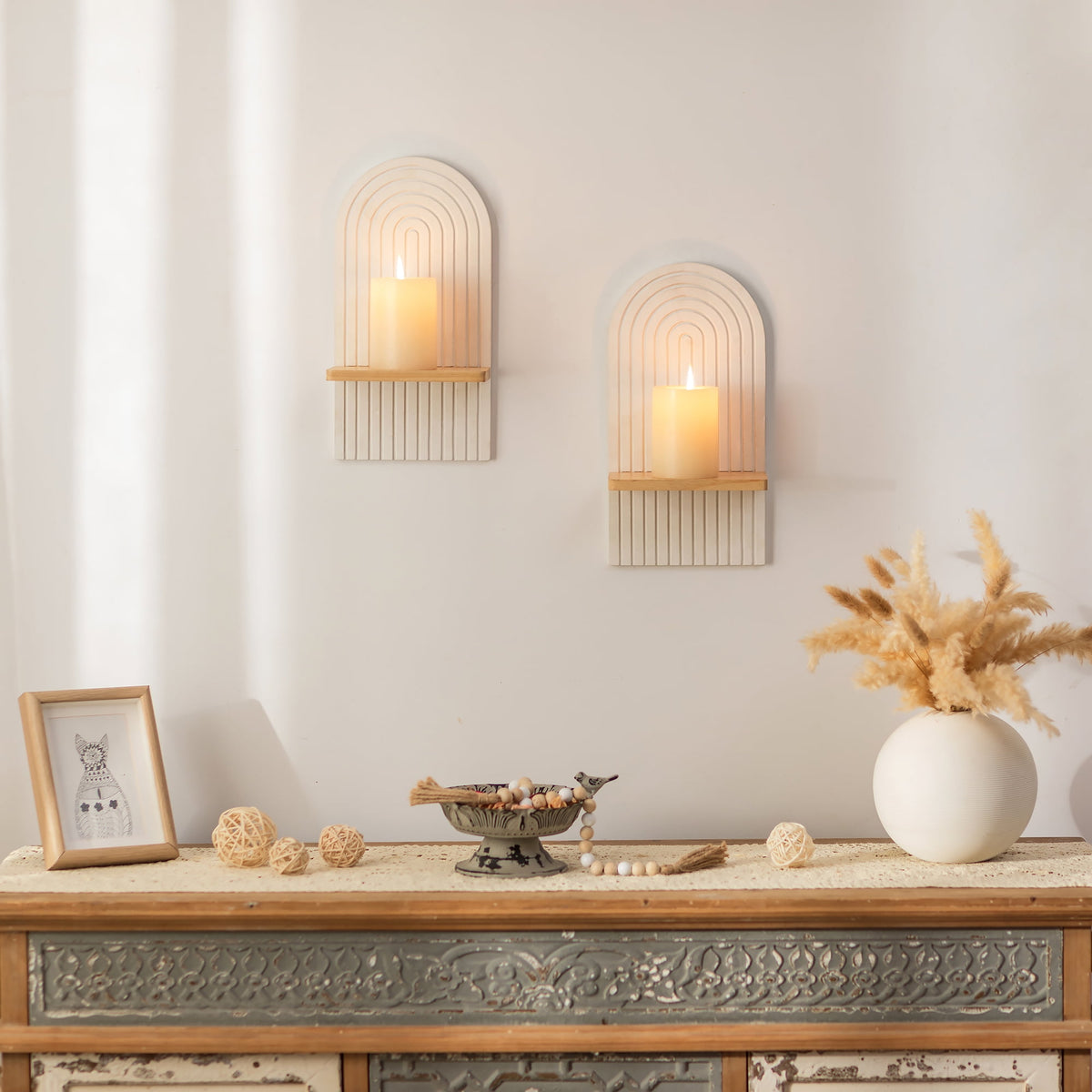 Sziqiqi Boho Wall Candle Holders Set of 2: White Wood Floating Shelves with Rainbow Arch Design Hanging Shelves for Tea Lights, Plants, Books Farmhouse Home Decor