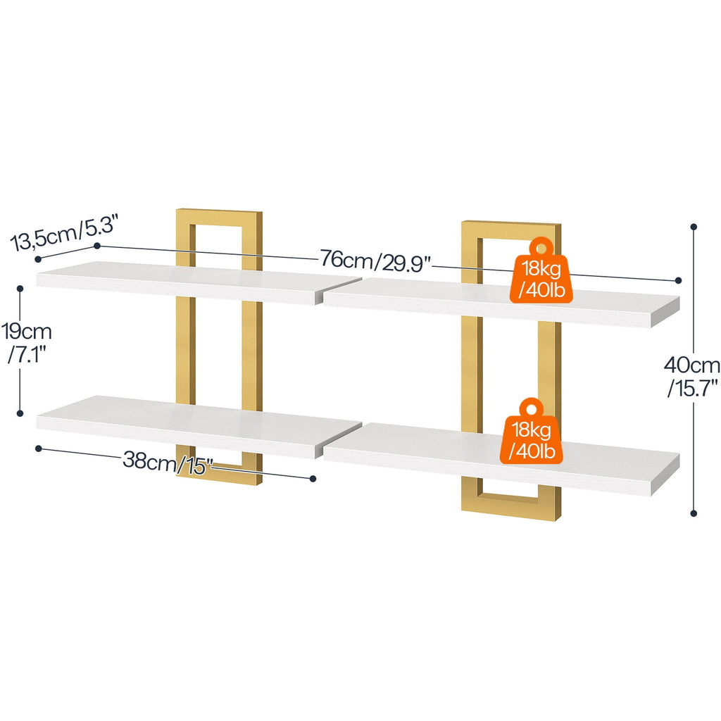 HOOBRO Floating Shelves, 15 Inch Wall Shelf Set of 2, Wall Mounted Storage Shelves 2-Tier, Hanging Bathroom Shelves, for Living Room, Bedroom, Bathroom, Kitchen, White and Gold DW32BJ01