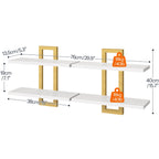 HOOBRO Floating Shelves, 15 Inch Wall Shelf Set of 2, Wall Mounted Storage Shelves 2-Tier, Hanging Bathroom Shelves, for Living Room, Bedroom, Bathroom, Kitchen, White and Gold DW32BJ01