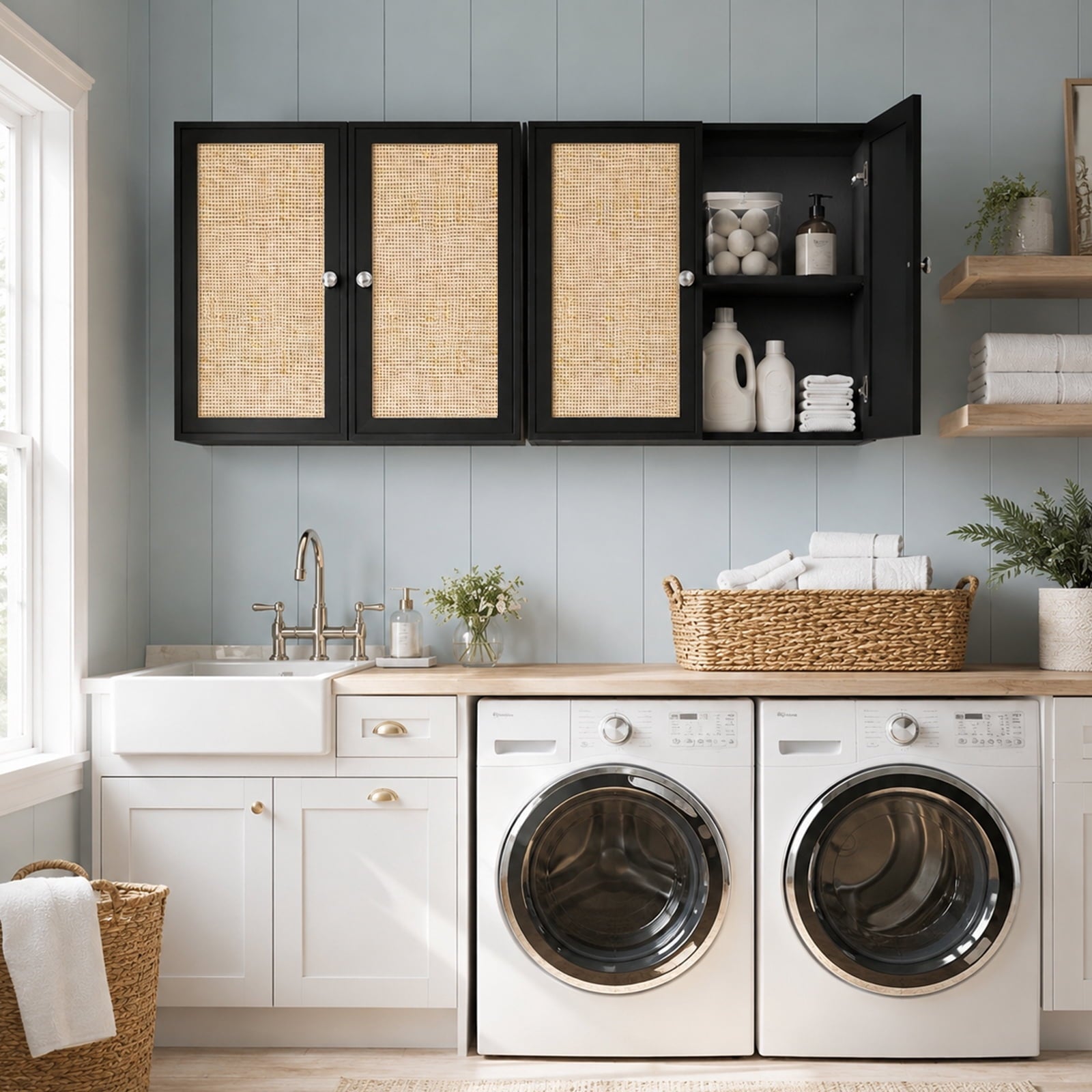 24"W Rattan Laundry Room Cabinets with Lights, Bathroom Cabinets Wall Mounted with Adjustable Shelves, Wall Cabinet for Bathroom/Kitchen/Bedroom (2PCS, Black)