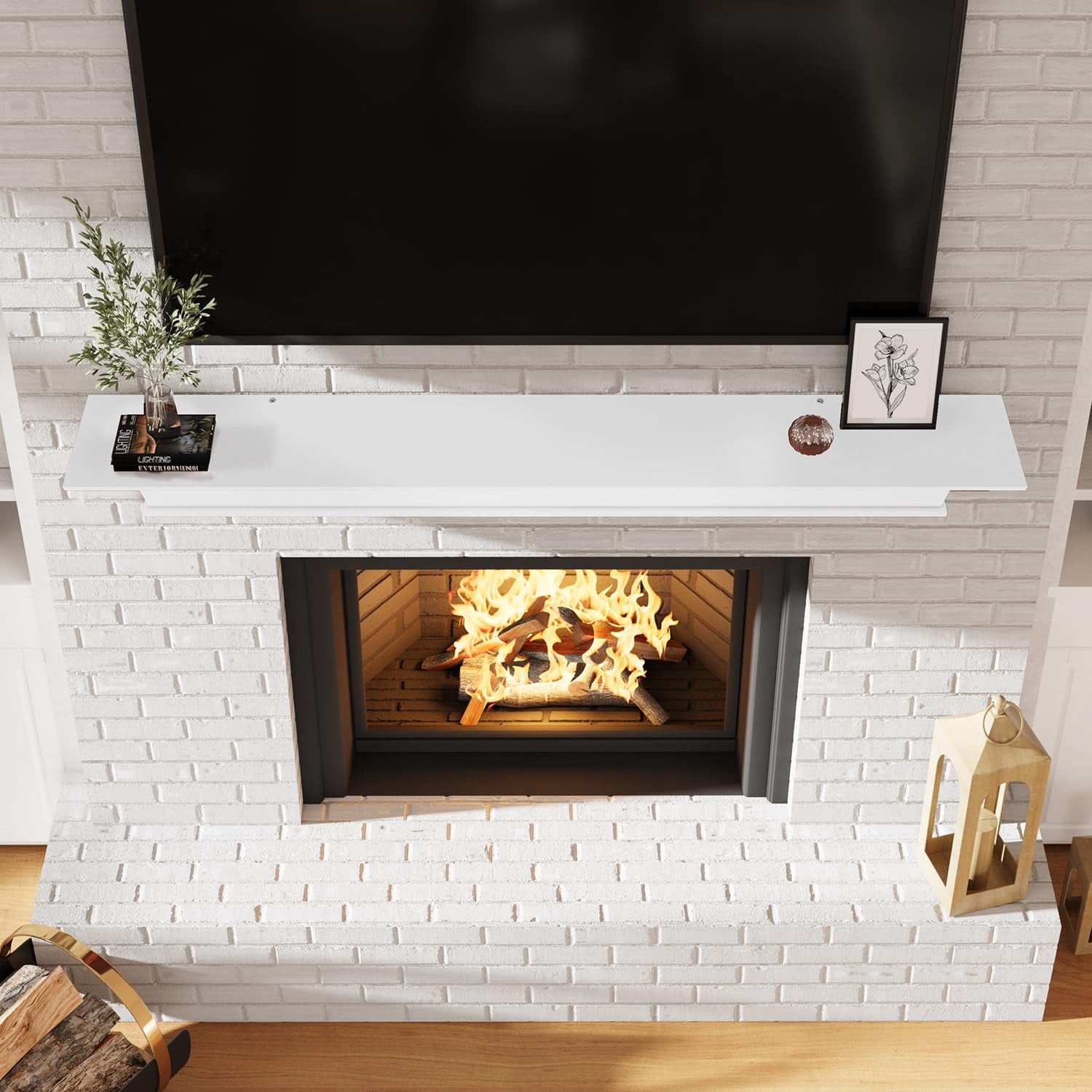 Kincubow 60" Fireplace Mantel Shelf Floating Wood Mantel Shelf with Hidden Bracket Rustic White Wall Mount Faux Fireplace Shelf 60 x 9 x 8