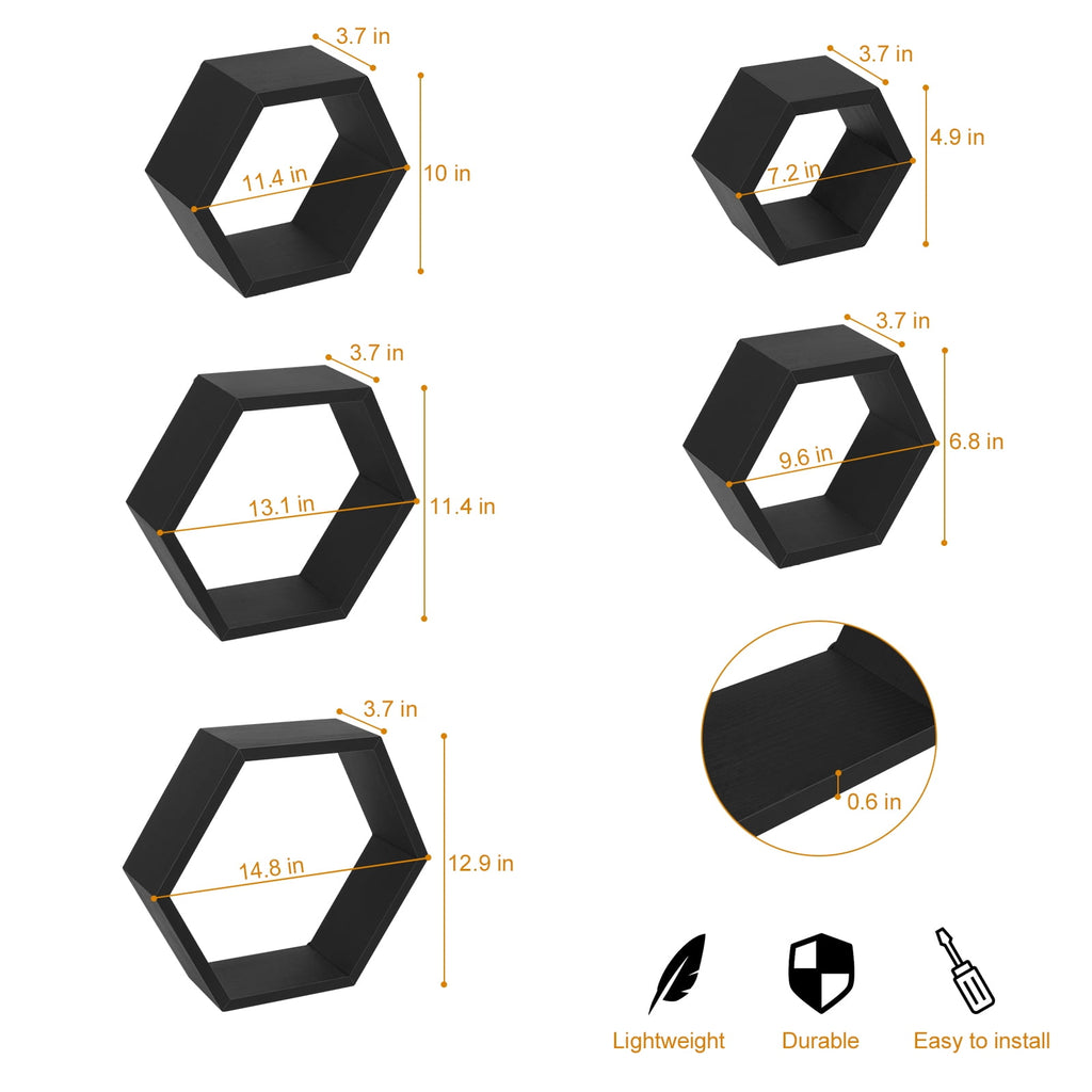 Hexagon Floating Shelves 5 Different Sizes Honeycomb Shelves for Wall, Black