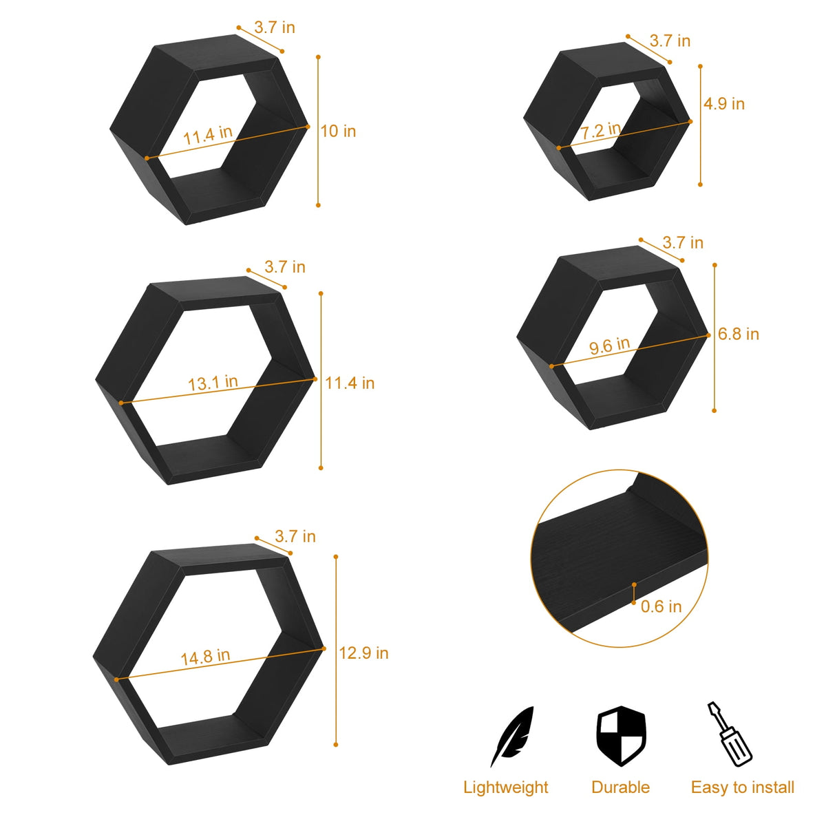 Hexagon Floating Shelves 5 Different Sizes Honeycomb Shelves for Wall, Black