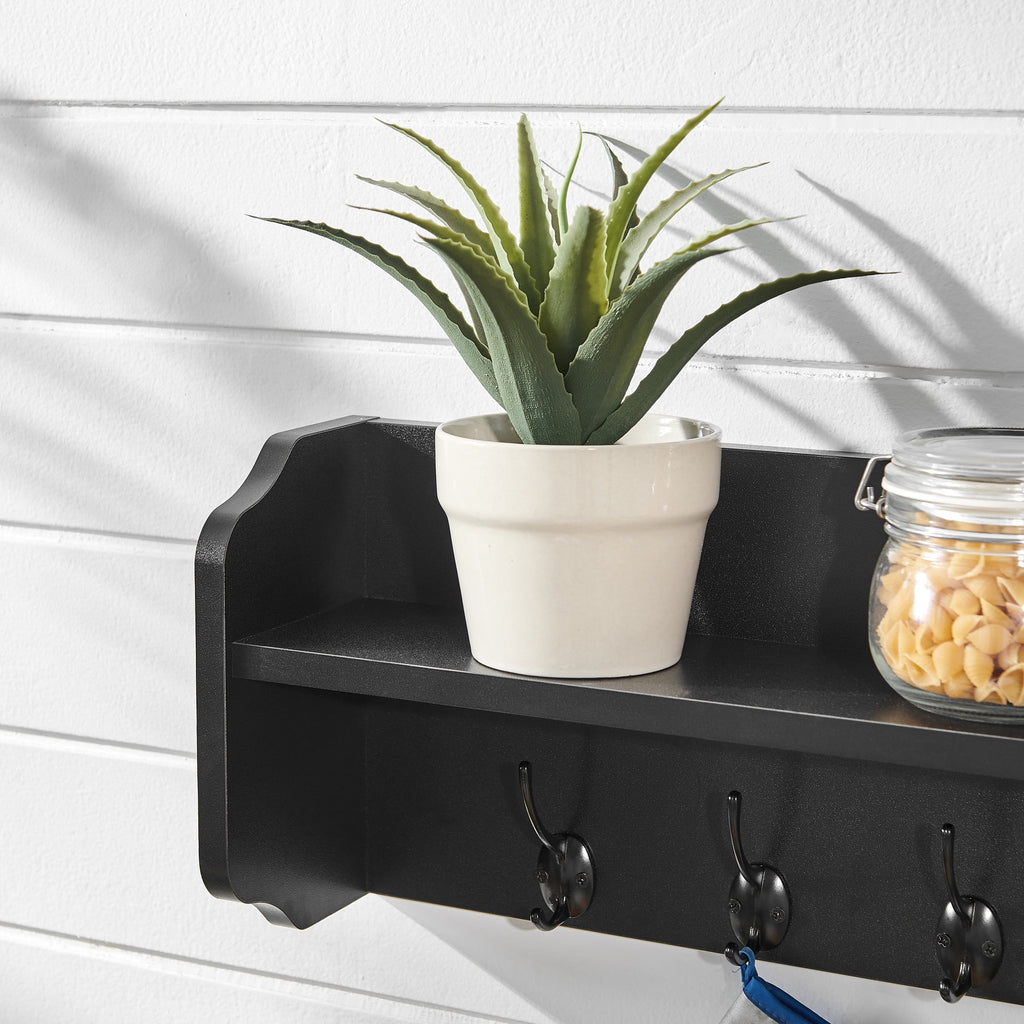 Entryway Floating Utility Wall Shelf with Hooks - Wall Mounted - Black