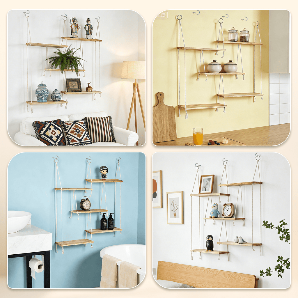 AMTPM Hanging Shelves for Wall, 5 Tier Boho Wall Decor Hanging Plant Shelf Floating Shelves Rope Rustic Wood Organizer Storage Hanger Rack for Aesthetic Home Bedroom Kitchen Bathroom