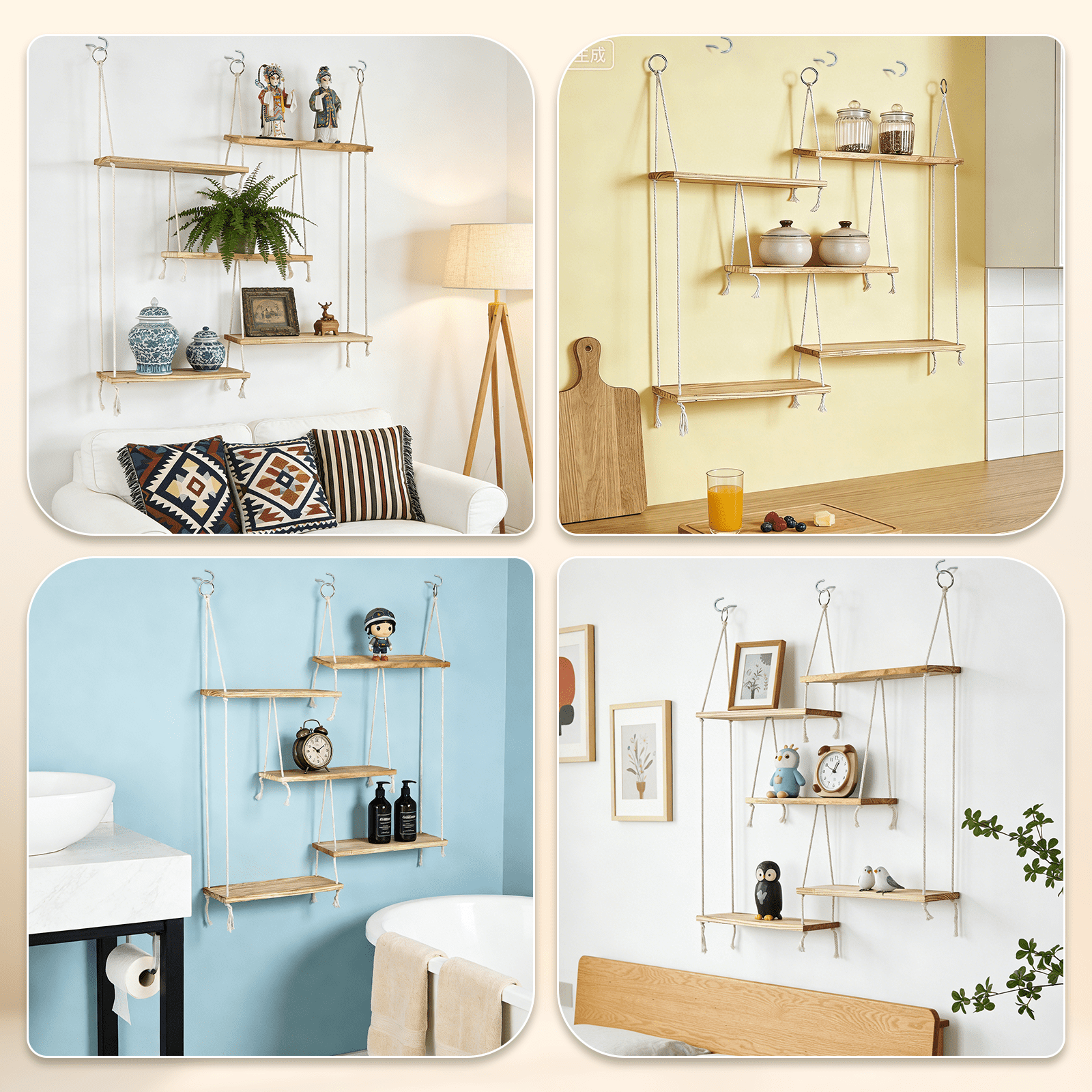 AMTPM Hanging Shelves for Wall, 5 Tier Boho Wall Decor Hanging Plant Shelf Floating Shelves Rope Rustic Wood Organizer Storage Hanger Rack for Aesthetic Home Bedroom Kitchen Bathroom