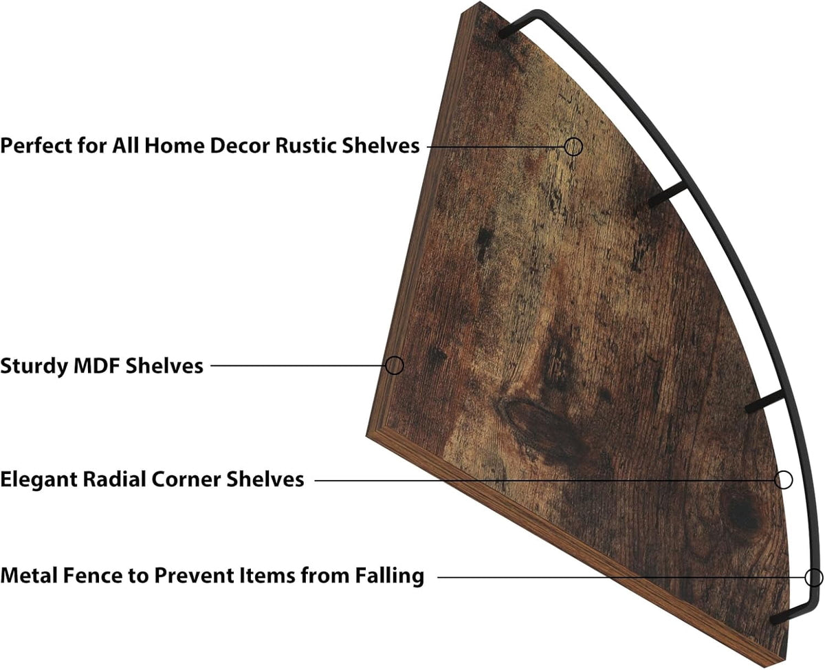 Floating Corner Shelf Wall Mount, Set of 3 Rustic Wood Corner Wall Shelves with Fence for Bedroom, Living Room, Bathroom, Kitchen, Brown