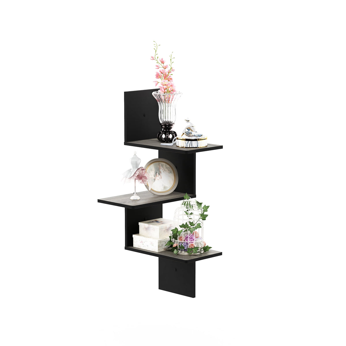 Furinno Rossi Modern 3-Tier Wall Floating Corner Shelf, French Oak Grey/Black