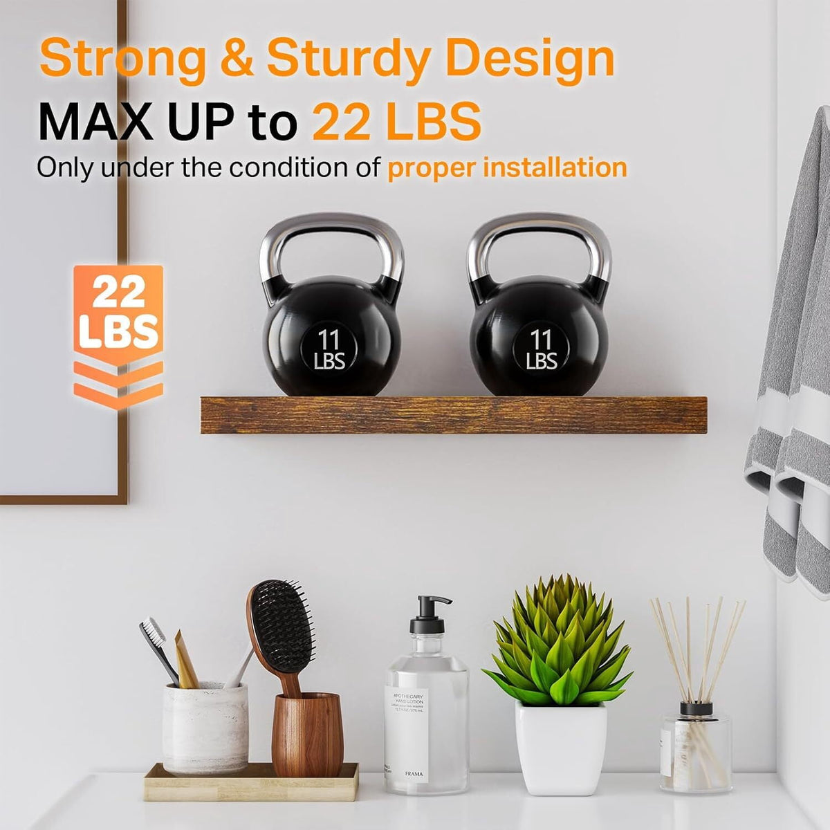 BAYKA Floating Shelves for Wall – Bathroom Shelves Rustic Wood with Metal Brackets for Bathroom, Bedroom, Kitchen, or Living Room Decor – Rustic Brown, 3 Set, Sturdy Storage with 22lb Capacity