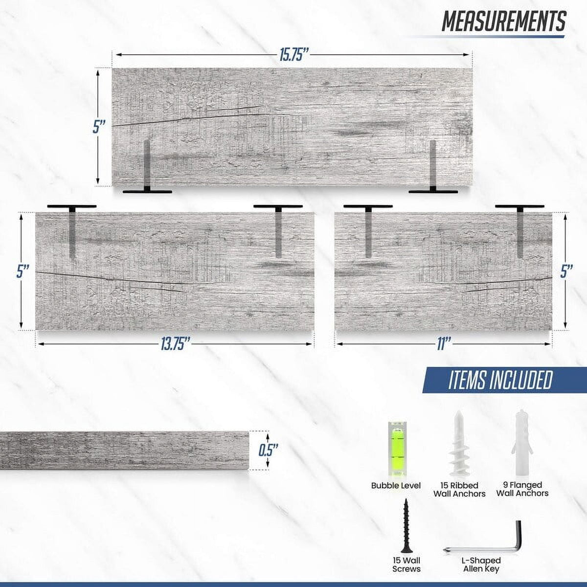 Wall Mounted Display Ledge Floating Wall Shelves Set of 3 Whitewash Gray