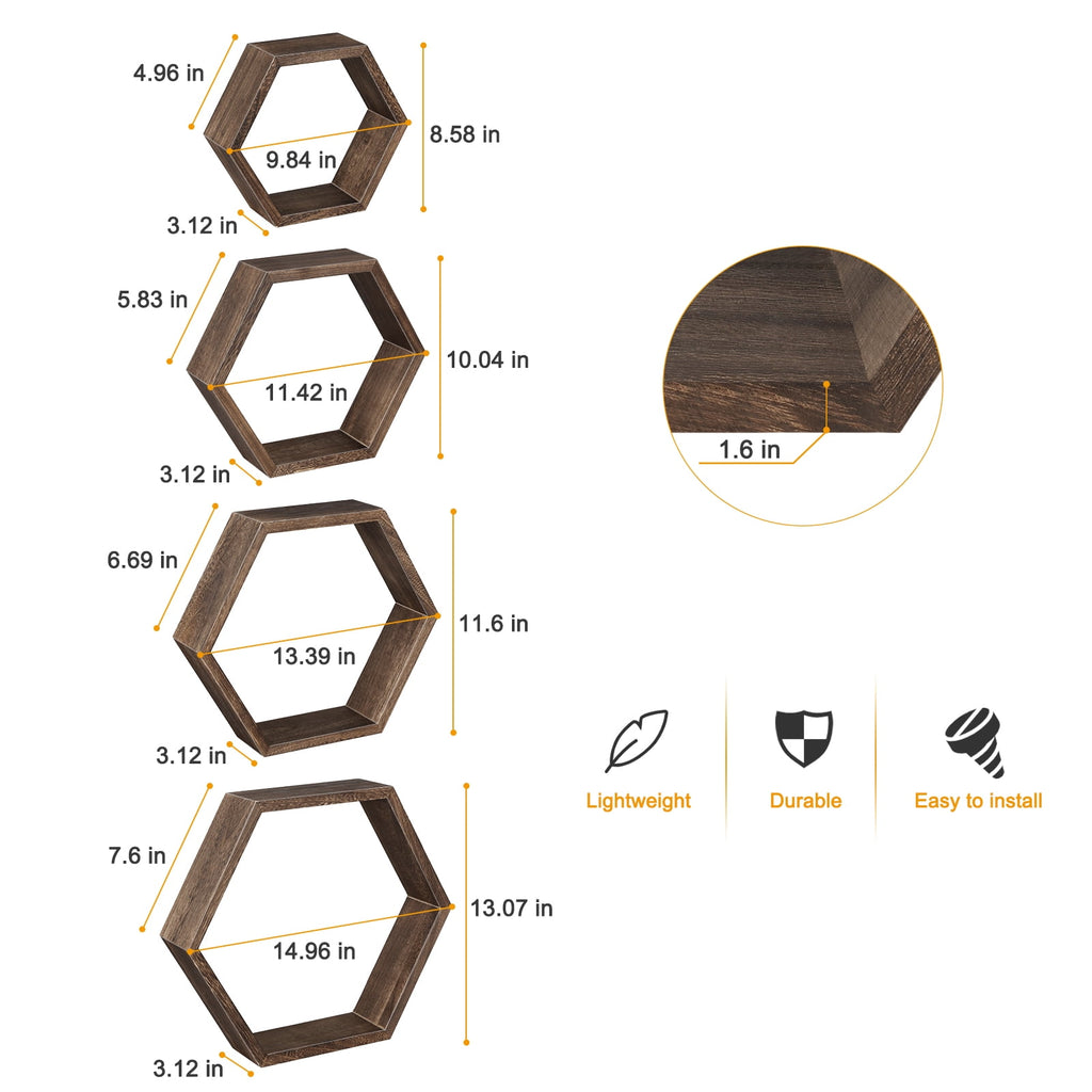 Hexagon Floating Shelves Set of 8 Honeycomb Shelves for Wall, Brown