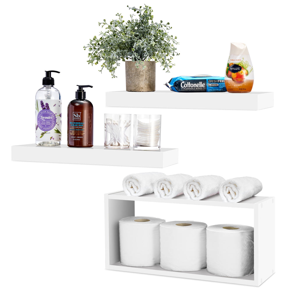 Sorbus Floating Shelves for Wall Set of 3 - Bathroom Shelves for Wall Storage, Over Toilet, Bedroom, Farmhouse, Wall Decor - 2 Floating Shelves with Invisible Brackets & 1 Rectangular Box