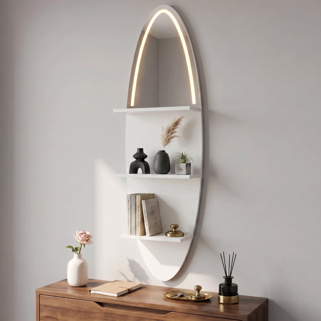 LEFINITO Surfboard Shaped LED Mirrored Floating Wall Storage Shelf, White Wall Shelf with Light for Home Decor