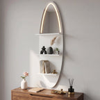 LEFINITO Surfboard Shaped LED Mirrored Floating Wall Storage Shelf, White Wall Shelf with Light for Home Decor