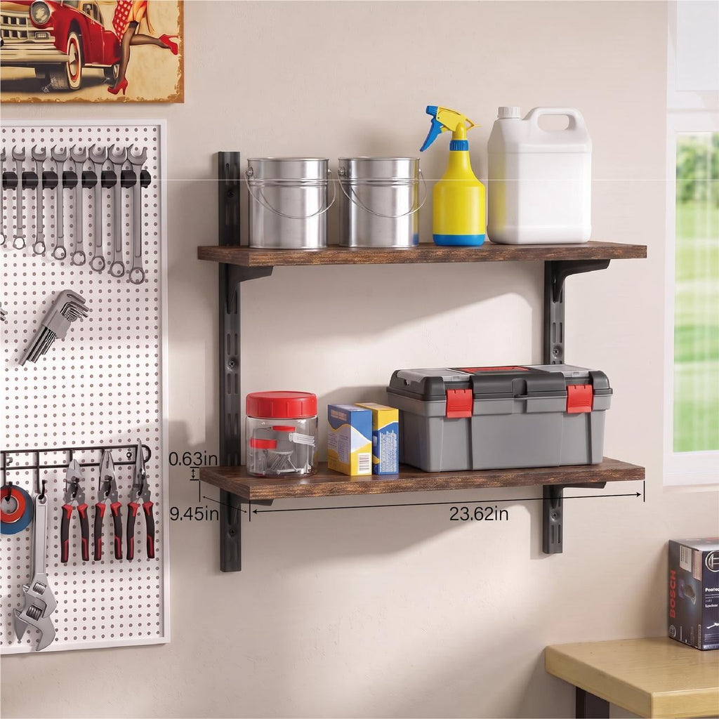 Mifurn 2-Tier Floating Shelves for Wall, 18.9" Adjustable Wall Track Wood Shelves, Rustic Brown