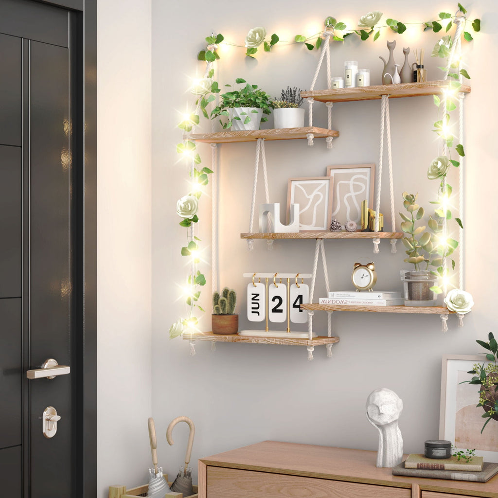 FKS LIFE Hanging Shelves for Wall, Macrame Hanging Plant Shelf with Vine Lights 5 Tier Rope Floating Shelf Storage Rack Boho Wall Decor