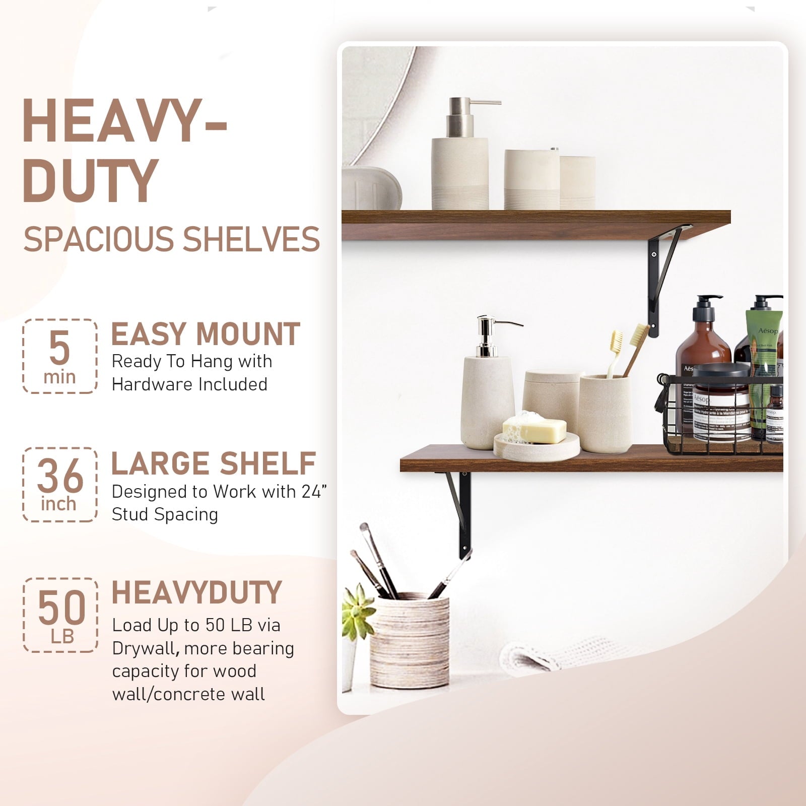Kaboon 36 inch Long 10 inch Deep Floating Shelves for Wall Set of 2, Large Open Shelves Wall Mounted, Space Saving Home and Commercial Use, Dark Walnut