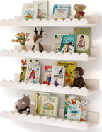Nursery Book Shelves, 4-Pack White Floating Shelves for Wall Kids, Scalloped Shelves, Wall Book Shelves for Bedroom Kids, Toddler Room, Baby Room, Nursery Decor