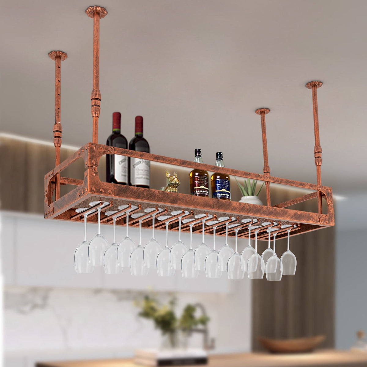ToppiJoy Industrial Vintage Bar Floating Shelf, Ceiling Mounted Hanging Wine Bottle Holder, Shelf Champagne Glass Rack, for Bar Home (Bronze)