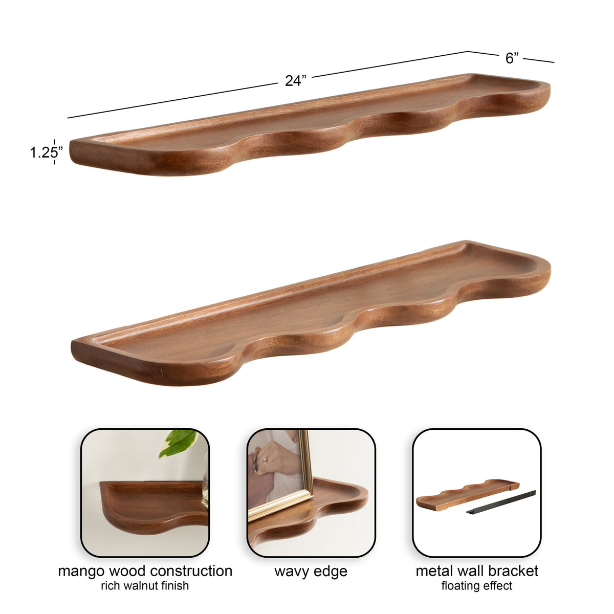 Kate and Laurel Alezar Modern Scalloped Mango Wood Floating Shelves, Set of 2, 24 x 6, Walnut Brown, Functional Wavy Bathroom and Kitchen Shelves for Storage and Display