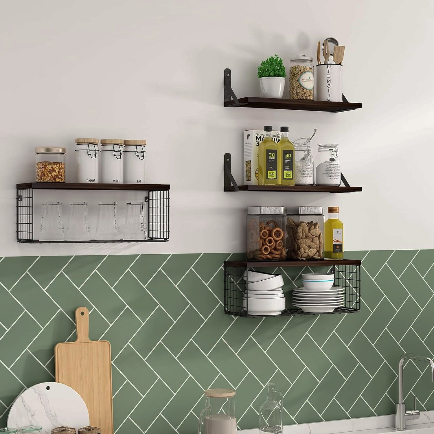 Set of 2+1 Wall-Mounted Floating Shelves W/Triangle Bracket & Frame, 16 Inch Black Rustic Wood Storage Shelf for Living Room Kitchen Bedroom Bathroom