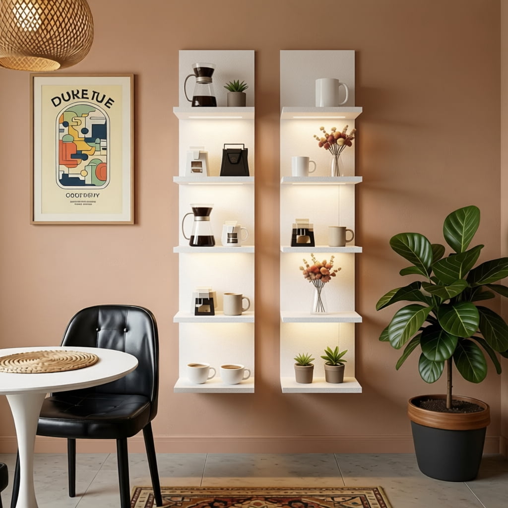 5-Tier LED Wall Shelf Vertical Column Floating Storage Shelf Tall Tower Organizer for Home Decor (White)