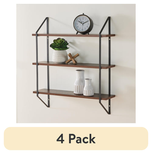 (4 pack) Better Homes & Gardens 3-Tier 20 in Wall Shelf with Brackets, Walnut