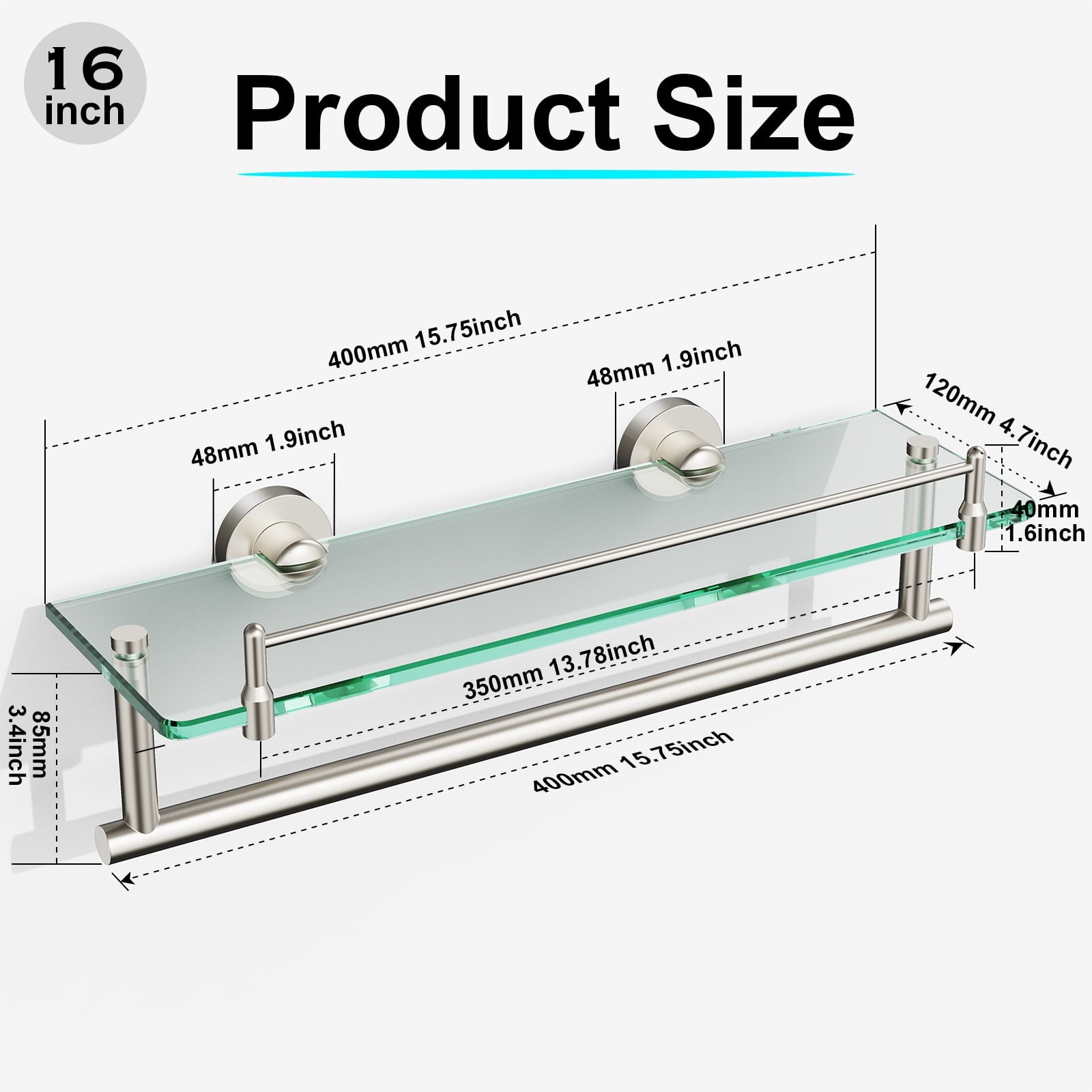 Woindo Bathroom Glass Shelf with Railing, Floating Tempered Glass Bathroom Wall Shelf Rectangle 16 Inch Over The Toilet Storage Cabinet, Gaming Floating Shelves, Bathroom Accessories and Home Decor