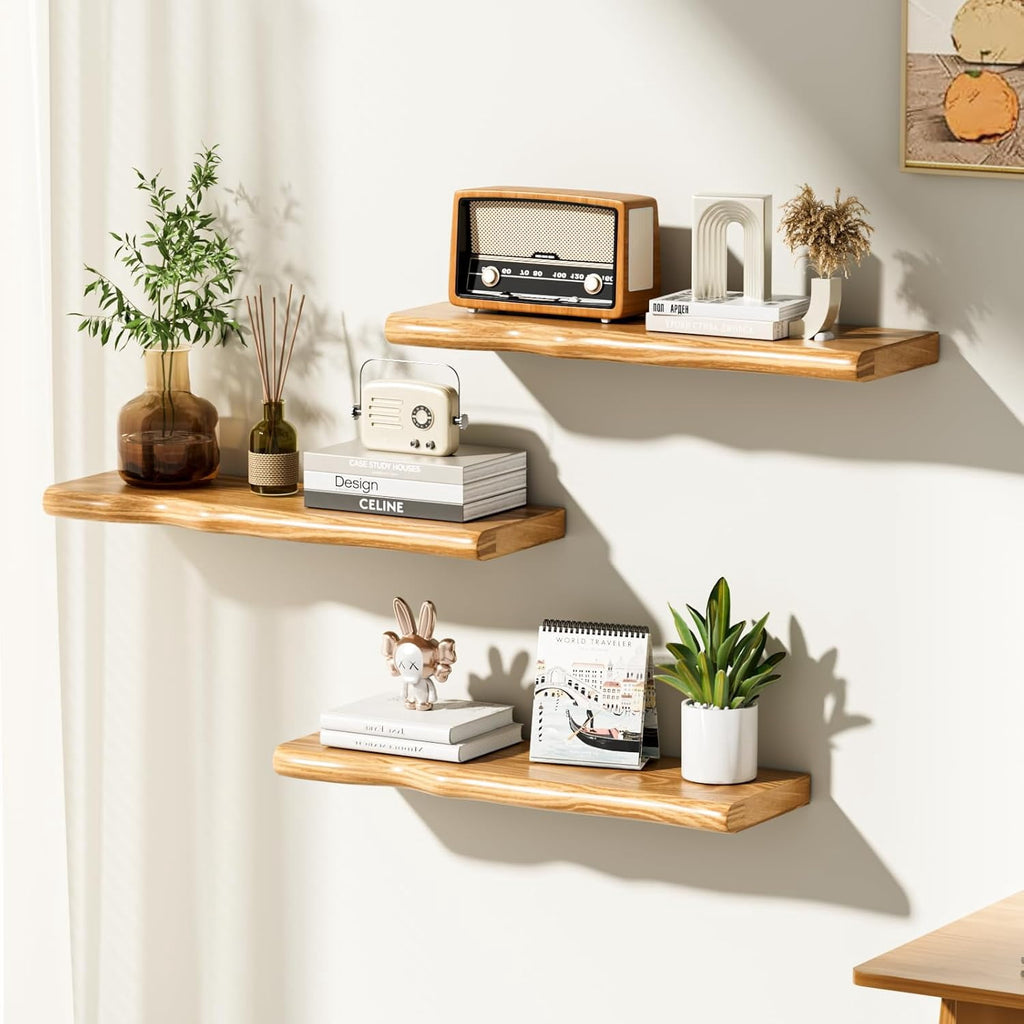 Seasonwood Rustic Farmhouse Floating Wall Shelf, 24 inch Live Edge Pine Wood Wall Mounted Shelf for Bathroom Living Room Bedroom Kitchen, Natural, 2pcs