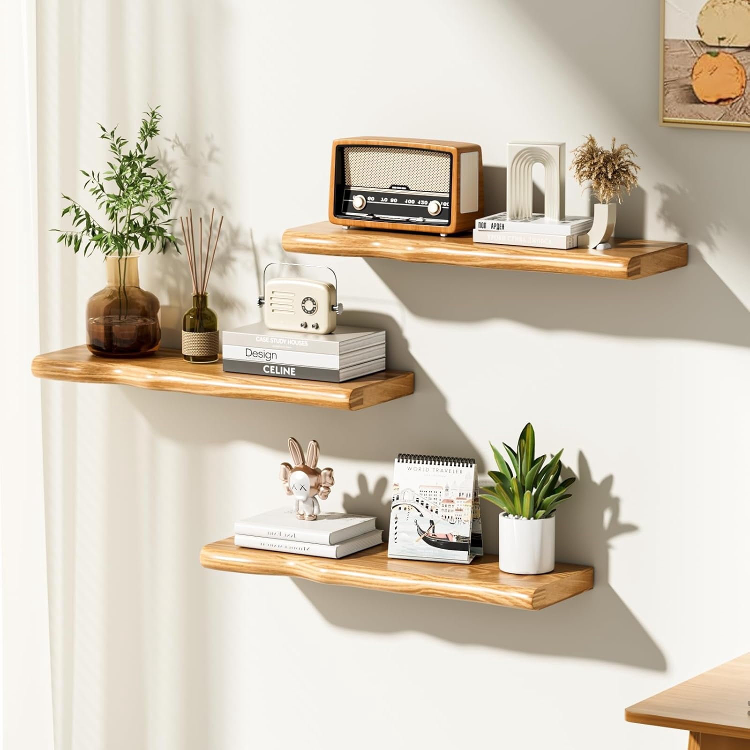 Seasonwood Rustic Farmhouse Floating Wall Shelf, 24 inch Live Edge Pine Wood Wall Mounted Shelf for Bathroom Living Room Bedroom Kitchen, Natural, 2pcs