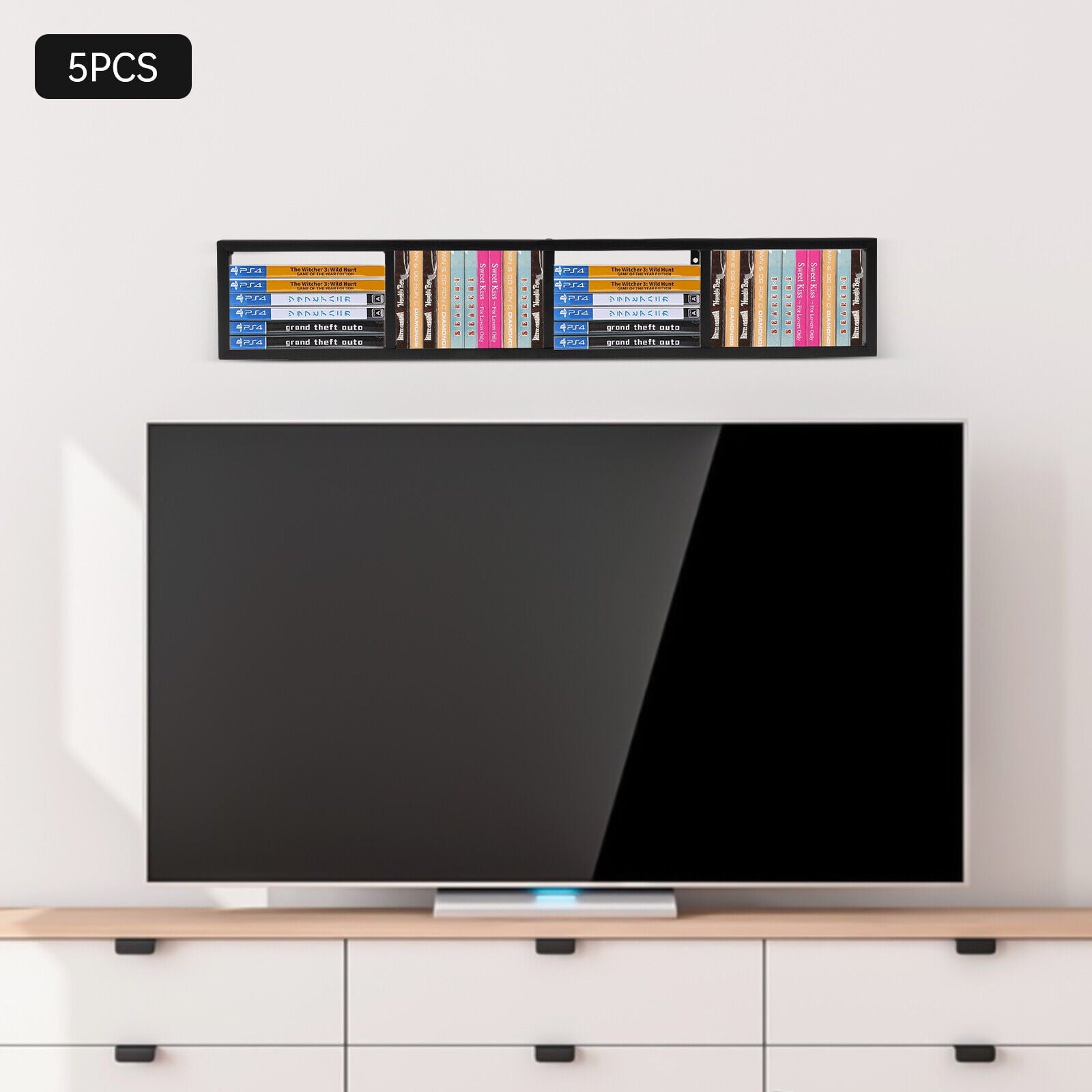 Set of 5 Video Game Rack,Wall Mount CD DVD Storage Shelf, 34 Inch Media Storage Rack Metal Floating Shelf Black,CD Rack
