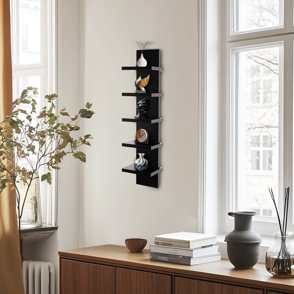 5 Tier Wall Shelf Unit, Black Wall Shelf, Multifunctional Display Floating Shelf, Bedroom and Home Decor Organizer