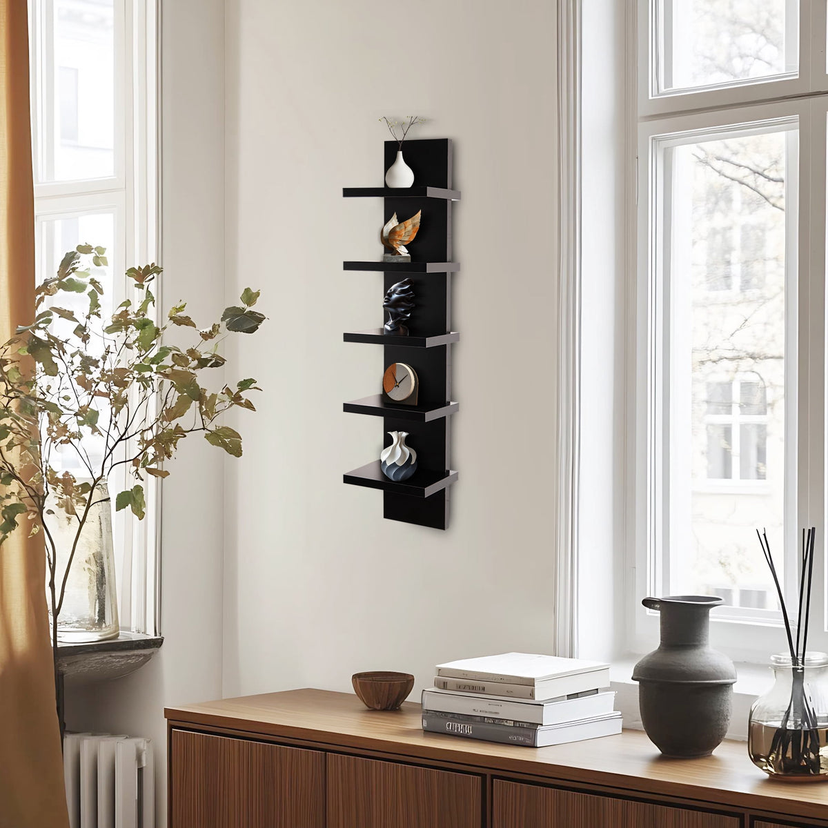5 Tier Wall Shelf Unit, Black Wall Shelf, Multifunctional Display Floating Shelf, Bedroom and Home Decor Organizer