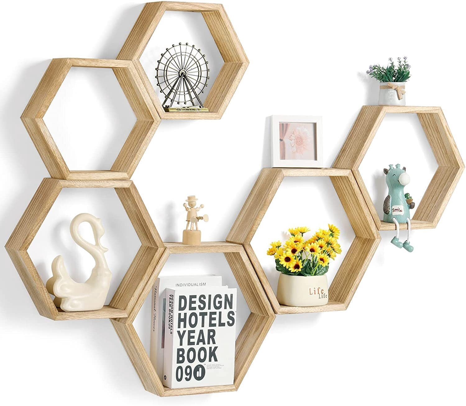 HexaHome 11.3” x 14.8” Rustic Floating Shelves 6-Tier Honeycomb Wood (6 Count)
