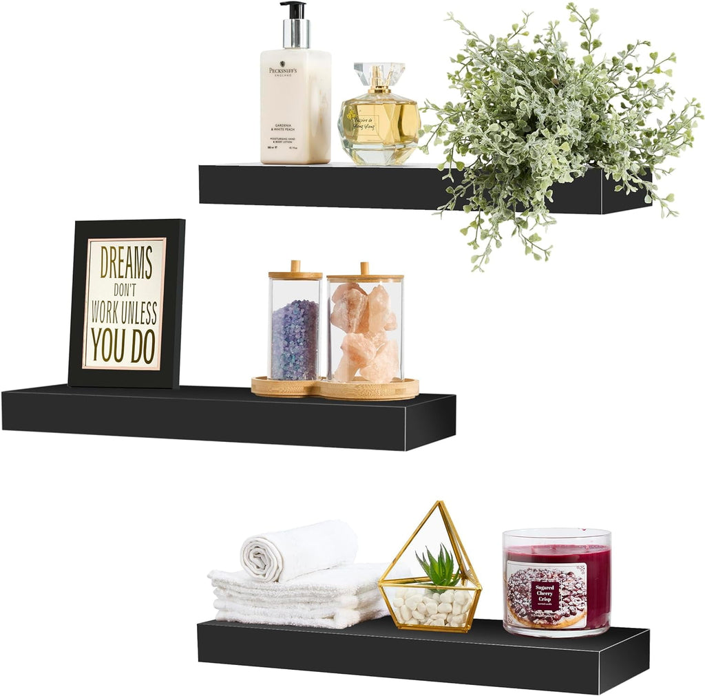 Sorbus 16.25" Black Floating Shelves (Set of 3) – Wall Storage for Décor, Frames, Trophies