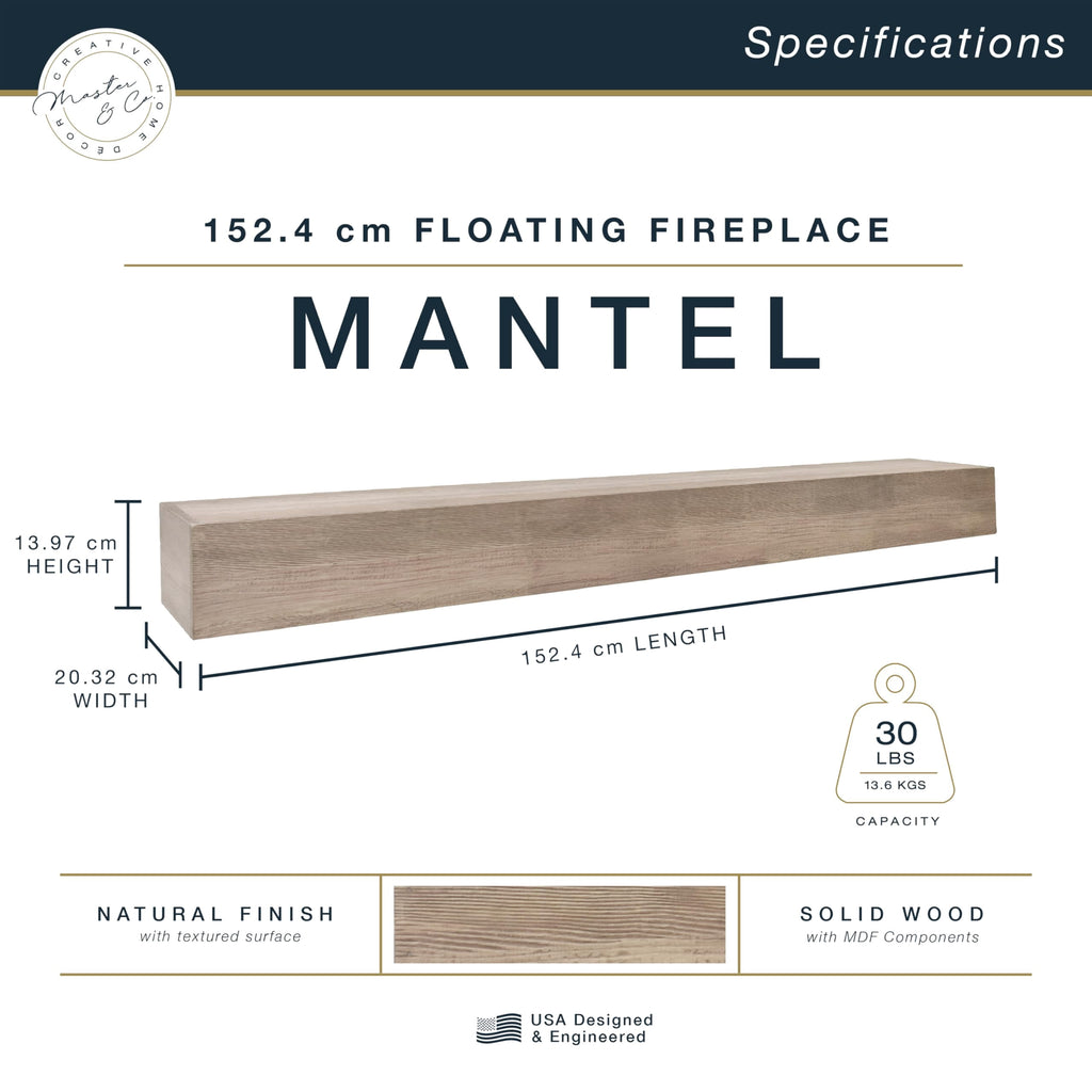 MCS 60-Inch Mantel, Master & Co Antique Natural Finish Solid Wood Floating Fireplace Mantel, Long Floating Shelf for Livingroom with Wood Cleat Hanging System, Photo and Home Decor Display Shelf