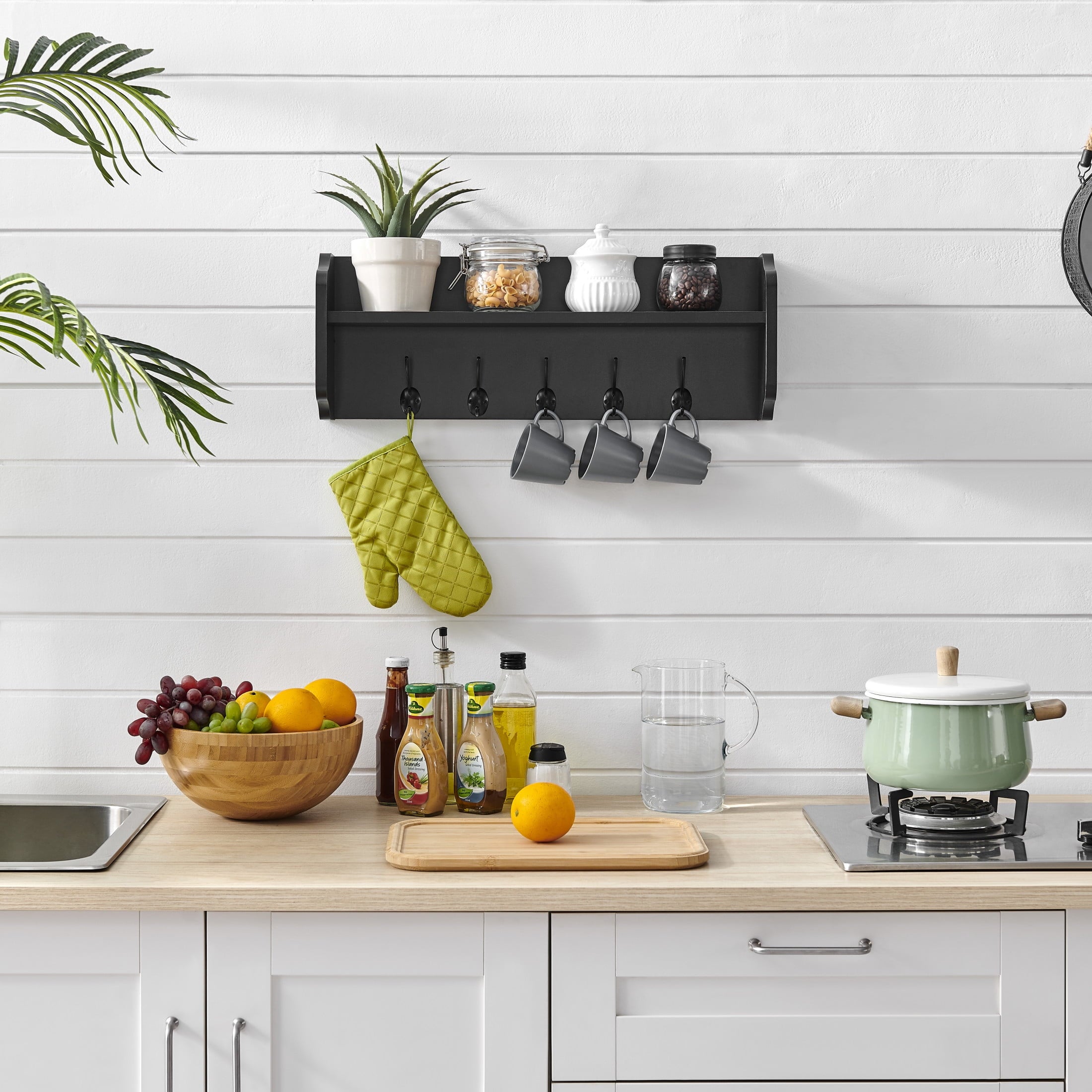 Entryway Floating Utility Wall Shelf with Hooks - Wall Mounted - Black