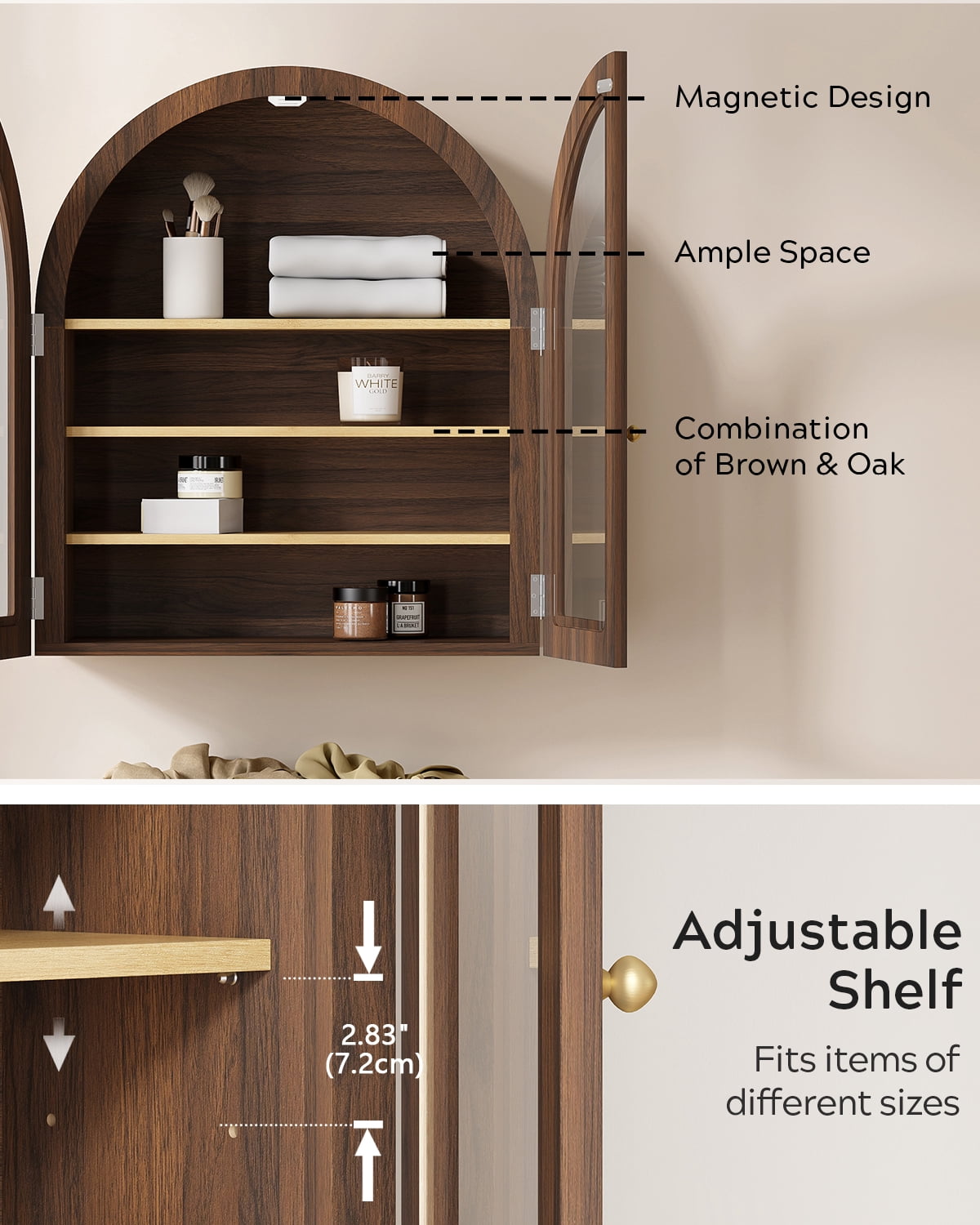 EYYTHUNG Modern Arched Wall Cabinet, Farmhouse Bathroom Storage Cabinet Large Medicine Cupboard with Adjustable Shelf, Brown Oak