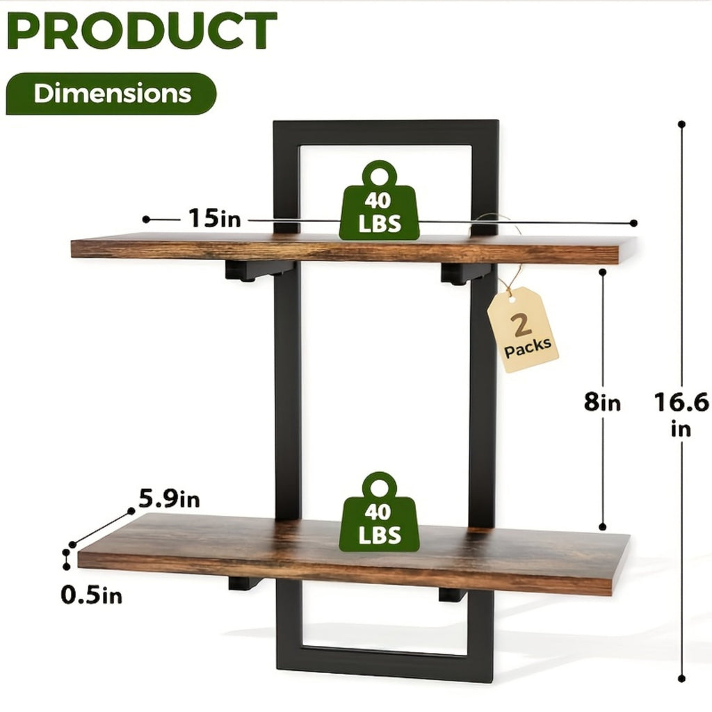 MEHOOM 2-Pack 2-Tier Floating Shelves for Wall, 15" Wall-Mounted Plant Shelves with Heavy-Duty Metal Frame, Rustic Brown Storage Shelves for Living Room, Bedroom, Bathroom and Kitchen