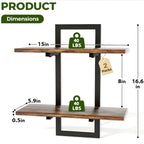 MEHOOM 2-Pack 2-Tier Floating Shelves for Wall, 15" Wall-Mounted Plant Shelves with Heavy-Duty Metal Frame, Rustic Brown Storage Shelves for Living Room, Bedroom, Bathroom and Kitchen