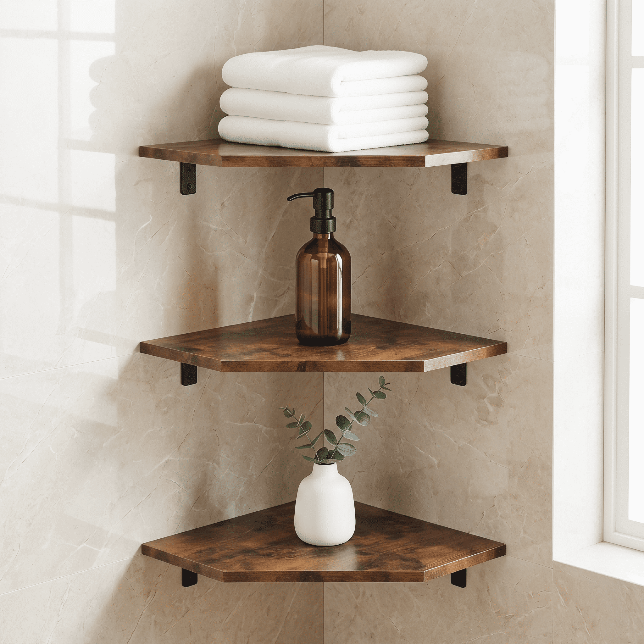 Corner Shelves Wall Mount, Set of 4 Floating Corner Shelves, Wood Corner Hanging Shelves for Bathroom Bedroom Kitchen, Brown