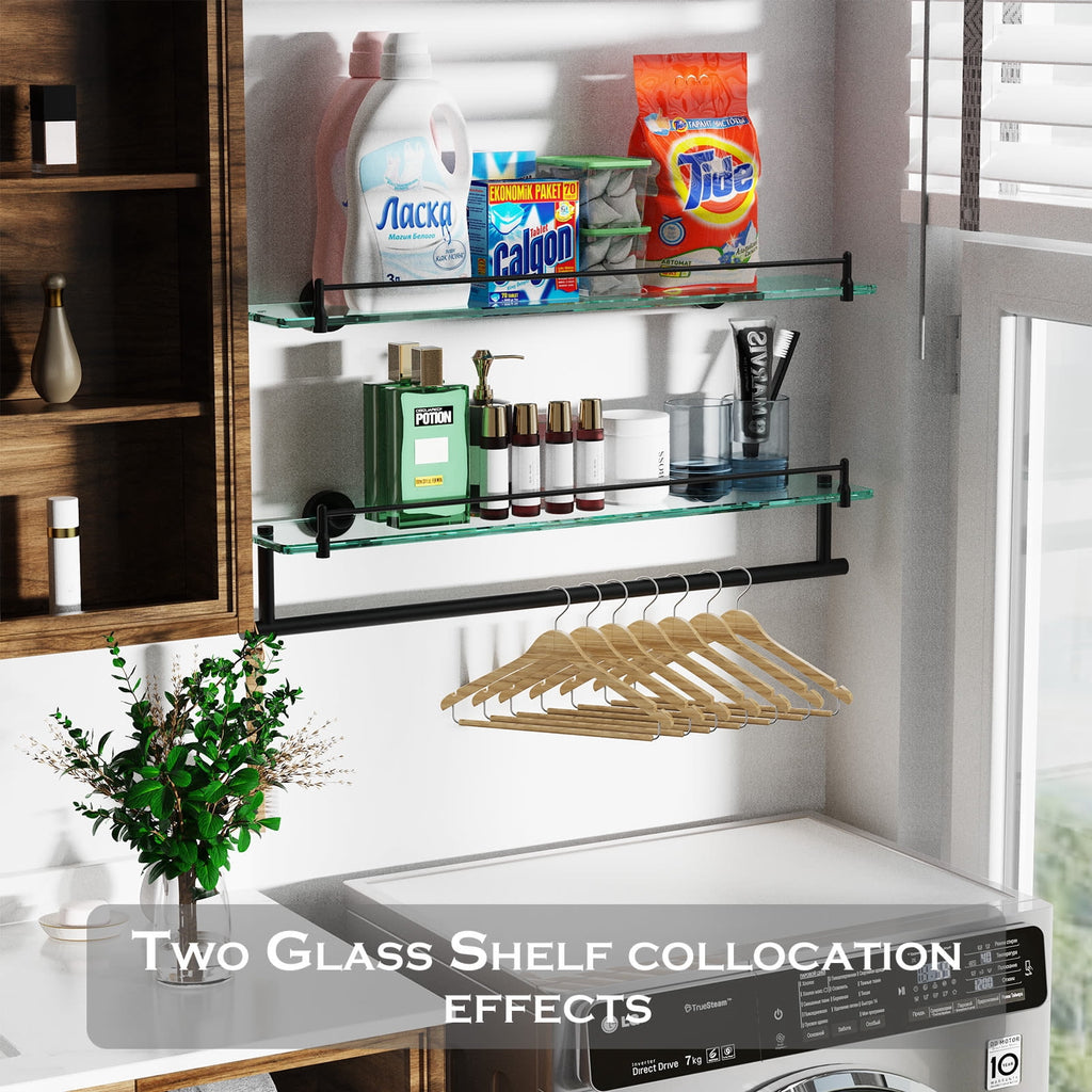 24 Inch Glass Bathroom Shelves,Matte Black Floating Shelves for Wall Rectangular Modern Stainless Steel Glass Shelf for Bathroom Shelves Wall Mounted
