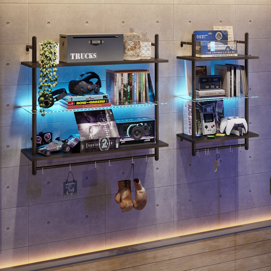 Bestier 23" Floating Shelves for Wall with LED Light 3-Tier Wall-Mounted Wood Shelves with 8 S-Hooks, Black Carbon Fiber