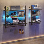 Bestier 23" Floating Shelves for Wall with LED Light 3-Tier Wall-Mounted Wood Shelves with 8 S-Hooks, Black Carbon Fiber