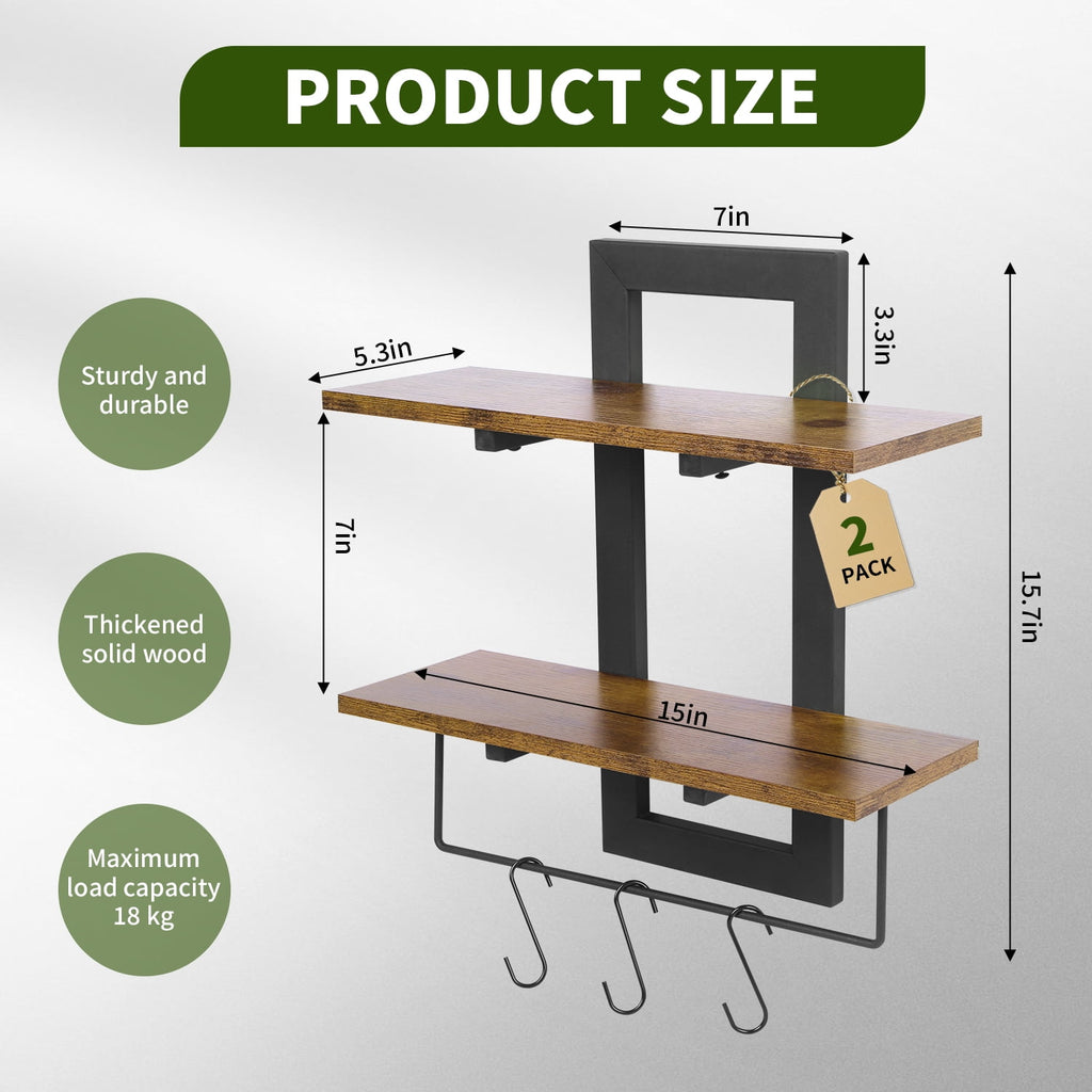 2 Pack 2 Tier Floating Wall Shelves, Rustic Wood Wall Mount Storage Organizer, Decorative Wall Display Rack for Bedroom Living Room Bathroom