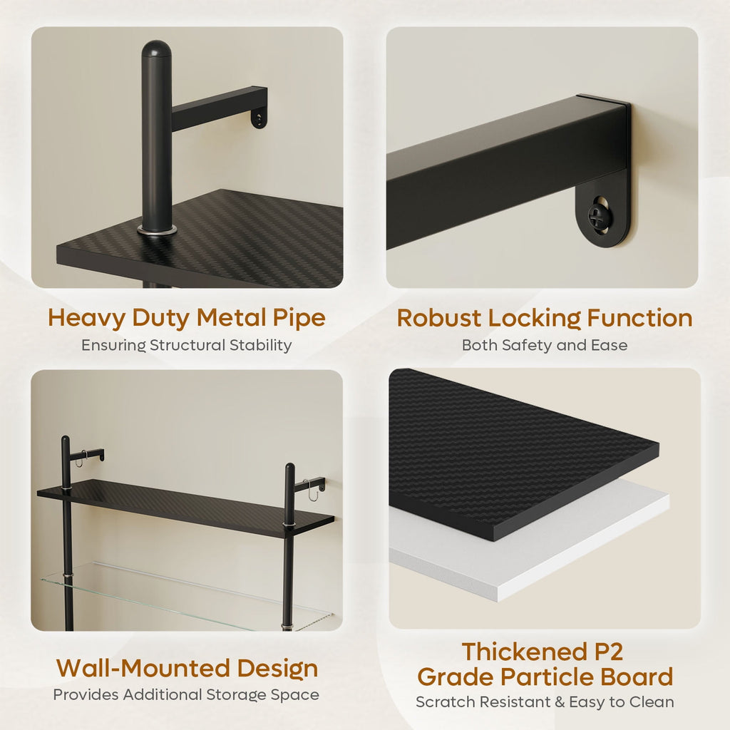 Bestier 23" Floating Shelves for Wall with LED Light 3-Tier Wall-Mounted Wood Shelves with 8 S-Hooks, Black Carbon Fiber