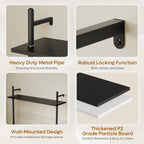 Bestier 23" Floating Shelves for Wall with LED Light 3-Tier Wall-Mounted Wood Shelves with 8 S-Hooks, Black Carbon Fiber